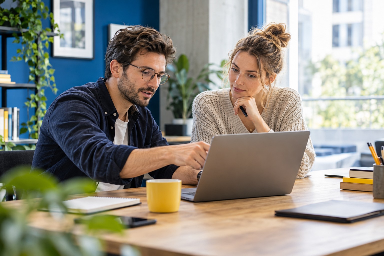 Symbolbild: Zwei Personen besprechen gemeinsam ein Vorhaben am Laptop.